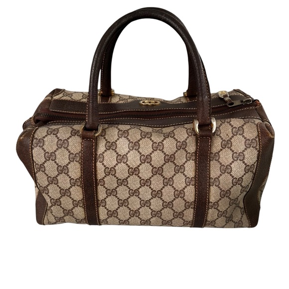 Authentic GUCCI GG Tan & Brown Monogram Leather Vintage Boston Bag - Picture 3 of 15